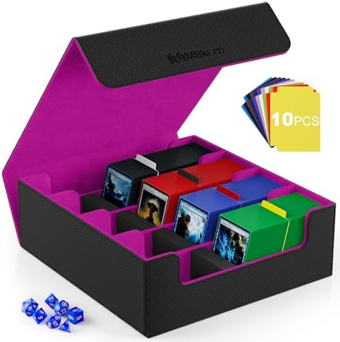 Mlikero Card Deck Case, 2400+ Trading Card Storage Box with 10 Colorful Dividers and 4 Foam Stoppers, Leather Magnetic Closure Commander Deck Box Fit for MTG, TCG (4 Rows, Black&Purple)