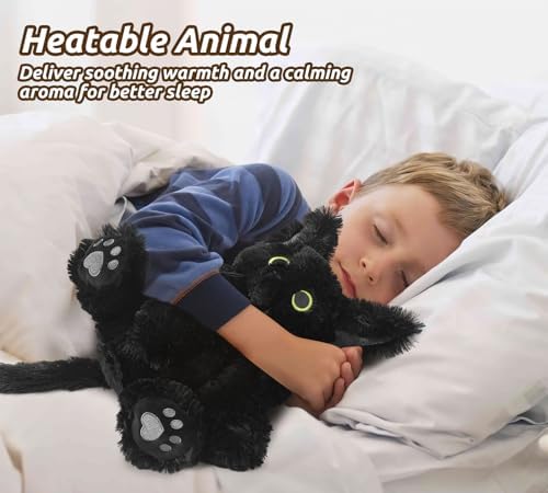 Cuckool Black Cat Stuffed Animals, Microwavable Stuffed Animals Heating Pad for Cramps, Pain Stress Relief, Heatable & Coolable Lavender Scented Cat Plush Toys for Anxiety, Women & Kids Bedtime