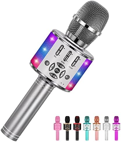 Amazmic Kids Karaoke Microphone Machine Toy Bluetooth Microphone Portable Wireless Karaoke Machine Handheld with LED Lights, Gift for Children Adults Birthday Party, Home KTV(Gray)