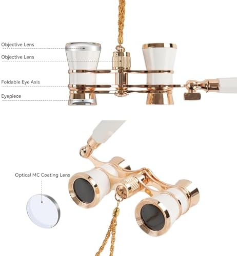 3X25 Opera Glasses for Women with Adjustable Handle & Chain,BK7 Optical Lens, Vintage Compact Mini Theater Binoculars Adults Kids in Opera Musical Concert-White
