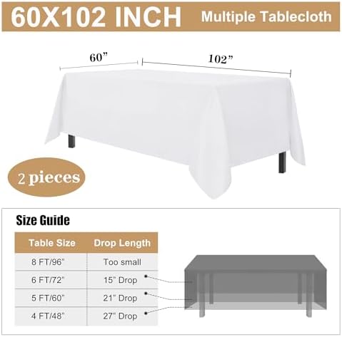 sancua 2 Pack White Tablecloth 60 x 102 Inch, Rectangle 6 Feet Table Cloth - Stain and Wrinkle Resistant Washable Polyester Table Cover for Dining Tables, Buffet Parties and Camping