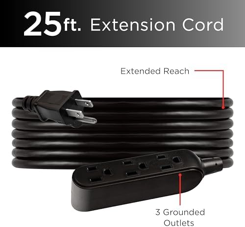 UltraPro 25 Ft Outdoor Extension Cord 3 Outlet Extension Cords Outlet Power Strip Long Extension Cord with Multiple Outlets Grounded Heavy Duty Extension Cord 16 Gauge UL Listed Black 36825-T1