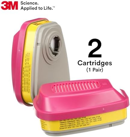3M P100 Respirator Cartridge/Filter 60923, 1 Pair, NIOSH Approved, Helps Protect Against Organic Vapors, Acid Gases, and Particulates, Magenta, Yellow