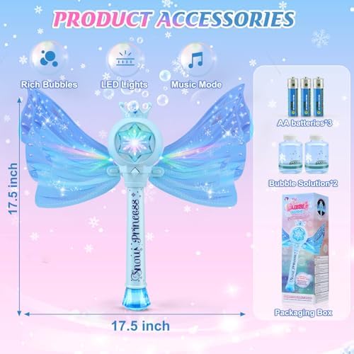 Bubble Wands for Kids Girls - LED Light & Music Bubble Machine: 3 AA Batteries & 2 Bubble Solutions, Outdoor Party Birthday Toys for Toddlers, Gift for 3 4 5 6 7 8 Year Old Girls, Blue