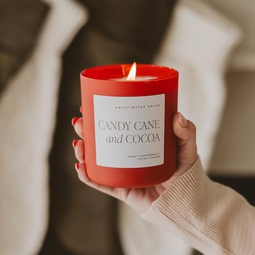 Sweet Water Decor Candy Cane and Cocoa Christmas Scented Candles - Christmas Stocking Stuffers Soy Candles Vanilla Scent - Christmas Candles with 70 Hours Burn Time - 15Oz Red Matte Jar Wax Candles