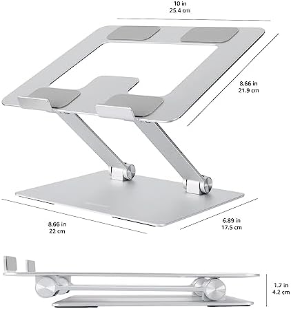 Amazon Basics Sturdy and Portable Ergonomic Laptop Stand for Desk, Adjustable Riser, Fits all Laptops and Notebooks up to 17.3 Inch, Silver, 10 x 8.7 x 6 in