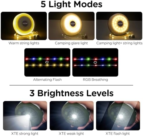 OGERY Camping String Lights, 4 in 1 Quick Storage 32.8FT Rechargeable Tent Lights String with 8 Lighting Modes, Hanging Waterproof Portable LED Lamp for Outdoor Patio Awning Garden Party Essentials