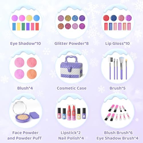 PERRYHOME Kids Makeup Set for Girl 56 Pcs Washable Real Cosmetic, Non-Toxic Frozen Toys Toddler Makeup Kit, Princess Dress up Christmas & Birthday Girl Gift for 3 4 5 6 7 8 9 10 11 12 Year Old Girls