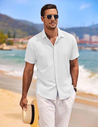 COOFANDY Men's Linen Shirts Short Sleeve Casual Shirts Button Down Shirt for Men Beach Summer Wedding Shirt