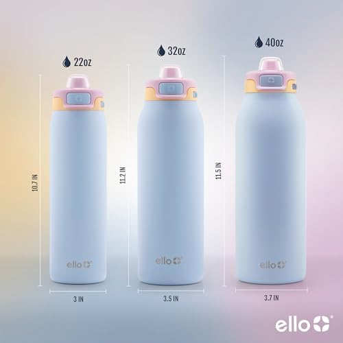 Ello Pop & Fill Stainless Steel Water Bottle with Quick Fill Technology, Double Walled Vacuum Insulated Metal, Leak Proof Locking Lid, Sip & Chug, BPA Free, Holiday Gift for Him Her, 22oz, 32oz, 40oz