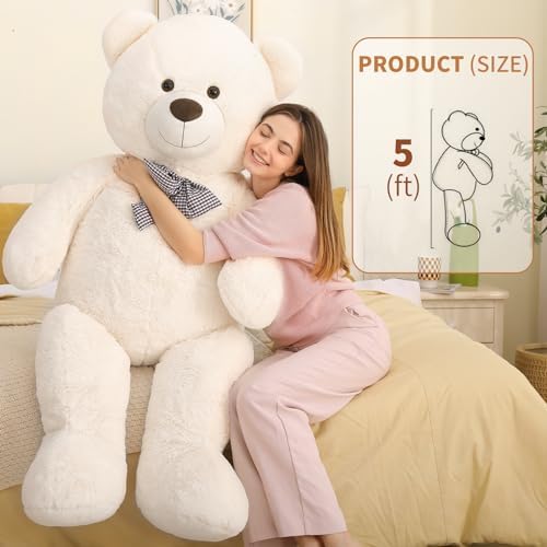 MaoGoLan Giant White Teddy Bear Stuffed Animal 5 Feet,Soft Cuddly Smiling Face Big Teddy Bear Plush Gift for Boyfriend Girlfriend