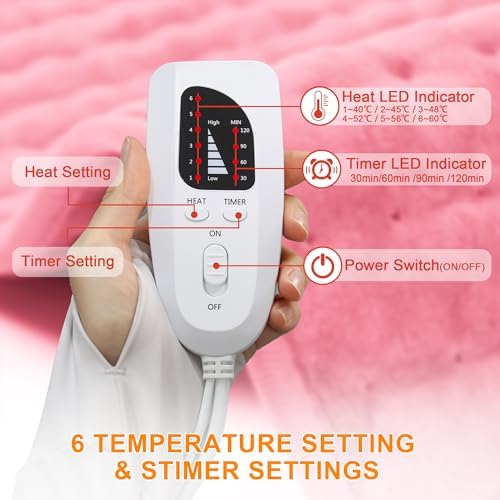 Heating Pad,Electric Heating Pads for Back,Hot Heated Pad for Abdomen,Shoulder,Knee,Multiple Temp and Auto Shut Off(Baby Pink,12''×24'')