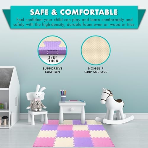 ProSource Foam Puzzle Floor Play Mat for Kids and Babies with Solid Colors, 36 or 16 Interlocking Tiles with Borders, Pink/Purple/Beige