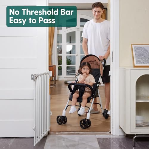 Babelio 26-43" No Bottom Bar Baby Gate for Babies, Elders and Pets, 2-in-1 Hardware Mount Dog Gate for The House, Stairs and Doorways, with Large Walk Thru Door, White