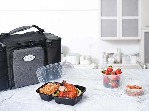 Glotoch Express 32oz Black Two-Compartment Square Meal Prep Containers, Food Storage Containers with Lids for Microwave Dishwasher Freezer Safe 300pack