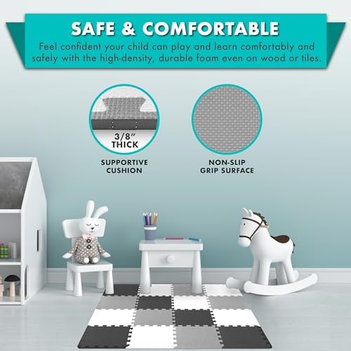 ProSource Foam Puzzle Floor Play Mat for Kids and Babies with Solid Colors, 36 or 16 Interlocking Tiles with Borders, Black/Grey/White