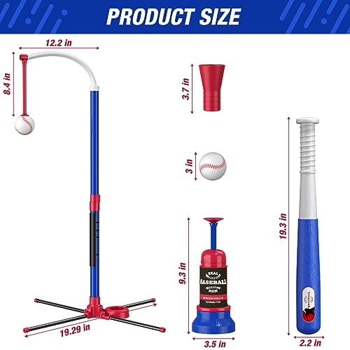 3-in-1 Baseball Set for Kids 3-5 - Tee Ball Stand, Hanging Tee, Ball Launcher and 6 Softballs - Adjustable Height, Indoor/Outdoor Sport Gifts for Boys, Blue
