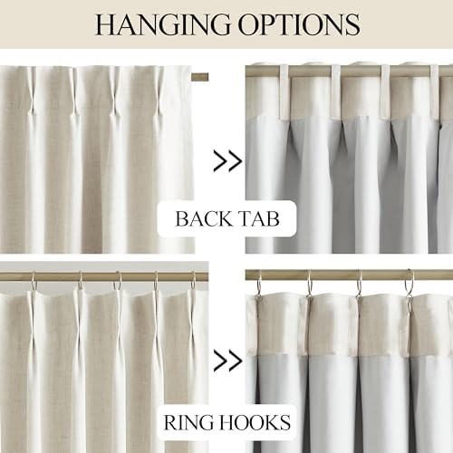 Vision Home Natural Pinch Pleated Full Blackout Curtains Linen Blended Room Darkening Window Curtains 90 inch for Living Room Bedroom Thermal Insulated Pinch Pleat Drapes with Hooks 2 Panel 40"Wx90"L
