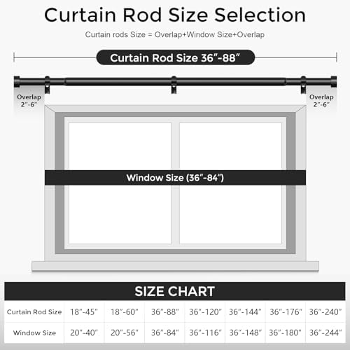 Curtain Rods for Windows 48 to 84 Inch(4-7 Feet),Black 1'' Diameter Drapery Rods with End Cap Style Design,Modern Adjustable Heavy Duty Curtain Rod,Size:36''-88''