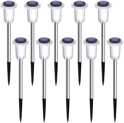DenicMic Solar Lights Outdoor 10 Pack Waterproof 6000K Cold White LED Stainless Steel Stake for Pathway Yard Garden Driveway Solar Powered Outside Decor