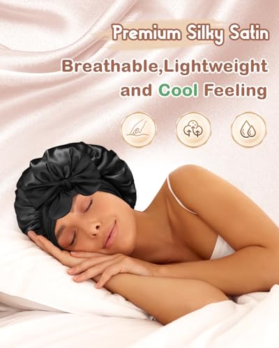 BONNET QUEEN Silk Bonnet for Sleeping Women Satin Bonnet Night Sleep Cap Wrap for Curly Hair with Adjustable Tie Band, Single Layer, Cream Pink+Black