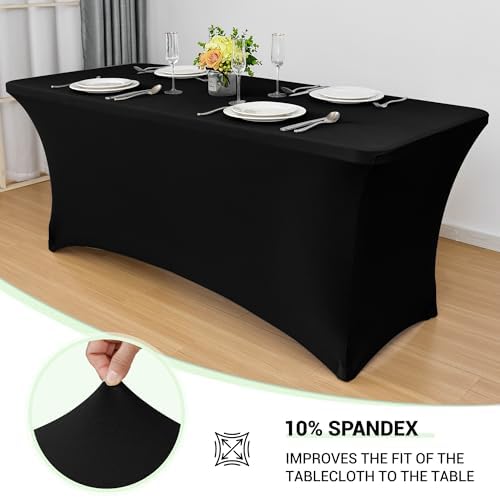 Obstal 6ft Stretch Black Spandex Table Cloth for Standard Folding Tables - 2 Pack Universal Rectangular Fitted Tablecloth Protector for Wedding, Trade Show, Vendor Stand