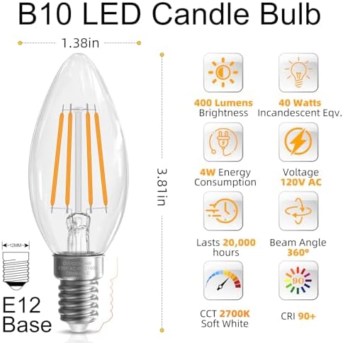 E12 Candelabra Bulb 40 watt Equivalent, E12 LED Bulb Dimmable Chandelier Light Bulbs, B10 Candle Light Bulbs 2700K Soft White, 90+CRI, 400LM, Cear Glass, 12 Pack