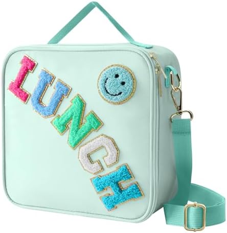 Insulated Lunch Bag With Adjustable Shoulder Strap, Nylon Preppy Lunch Box Large Insulated Lunch Bag Reusable Lunch Tote Bag with Smiley Preppy LunchBag for Girls School Travel Picnic (Green)