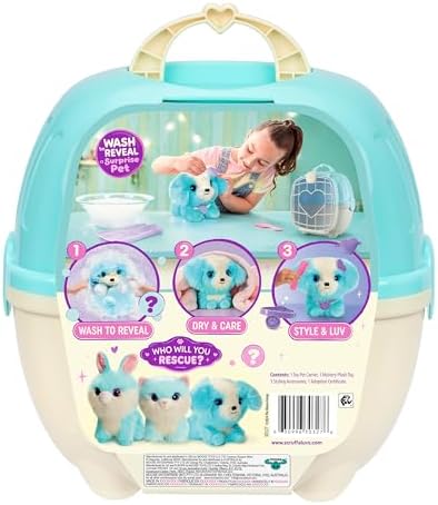 SCRUFFALUVS Pet Scruffs Blue - Mystery Plush Toy, 7.5" Tall - Wash to Reveal 1 of 3 Rescue Pets: Puppy, Bunny, or Kitty - Includes 8.7" Deluxe Pet Carrier - Styles May Vary