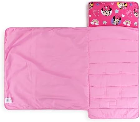 Jay Franco Toddler Nap Mat with Built-in Pillow and Blanket - Soft 46 x 20-inch Microfiber Kids Sleeping Bag for School or Sleepover, Pink - Minnie Mouse