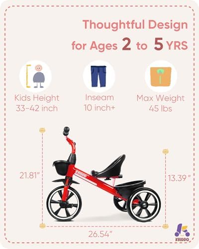 KRIDDO Kids Tricycles Age 24 Month to 4 Years, Trike for 2.5 to 5 Year Old, Gift Tricycles for 2-4 Year Olds, Trikes for Toddlers, Red