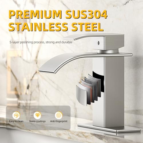 Bathroom Faucet Brushed Nickel Modern Waterfall Bathroom Sink Faucet with Single Handle Suitable for 1 or 3 Holes,Supply Deck Plate and Hose