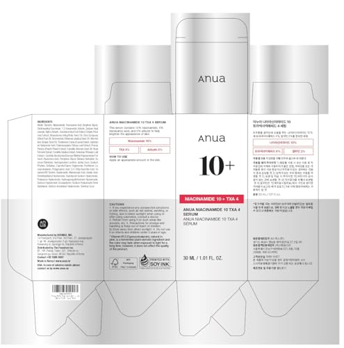 ANUA Niacinamide 10 + TXA 4 Serum, Hyaluronic Acid, Tranexamic acid, Facial Serum for Glass Skin, Clarifying, Radiant Complexion with Natural Color, Korean Skin Care (30ml /1.01 fl.oz)