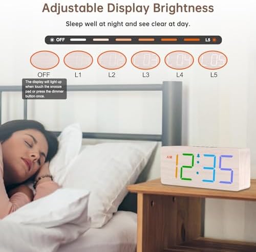 DreamSky Wooden Digital Clock for Bedroom Desk - RGB Loud Alarm Clock for Heavy Sleepers with Volume Control, Large Numbers with Dimmer for Living Room Office, Wood Decor (Adapter Powered)