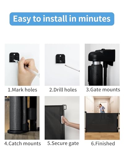 Retractable Baby Gate for Doorways and Stairs, Mesh Safety Gate for Pet, Indoor & Outdoor Use, One-Hand Operation, Easy Installation, 33.6" Tall, Expands to 55" Wide(Black,33.6"x55")