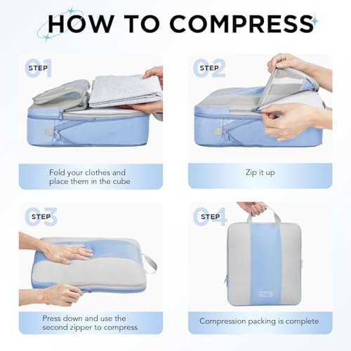 8 Set Compression Packing Cubes for Travel Essentials,Compressible Expandable Packing Cubes for Suitcase,OlarHike Luggage Organizer Bags for Travel,Handy Helper for Organizing Clothes(Light Blue)