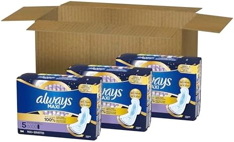 Always Maxi Overnight Pads with Wings for Women, Size 5, Extra Heavy Overnight Absorbency, Unscented, 72 Count (3 Packs of 34)