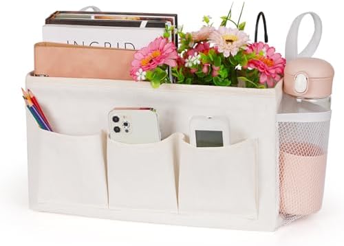 Bedside Caddy Bedside Organizer Bedside Storage Caddy with Fixed Straps and Water Bottle Holder for Home College Dorm Bunk Bed Hospital Bed Crib Bed Rails (White)