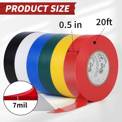 Electrical Tape, 72 Rolls General Use PVC Electric Tape, UL/CSA Listed 1/2 in x 20 ft Insulating Vinyl Tape for Electrical, Repairs, Automotive and Equipment, EE-100, Multi Colored