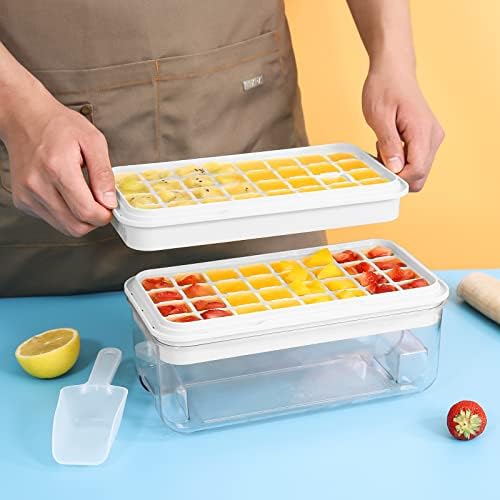 Ice Cube Tray with Lid and Bin, PHINOX 64 pcs Ice Trays for Freezer, Ice Cube Trays for Freezer with 2 trays, Container, Lid & Ice Scoop, BPA Free