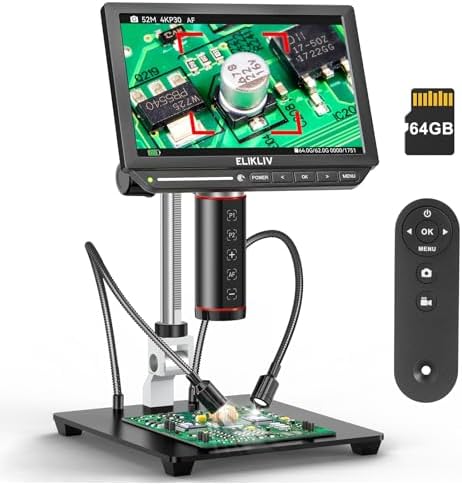 Elikliv Autofocus 4K Digital Microscope EM4K-AF, 52MP Soldering Microscope for PCB Repair, Coin Inspection & Watchmaking, 2000X Magnifier Scope, 8" IPS Screen, HDMI/USB Output, 10" Stand, 64GB Card