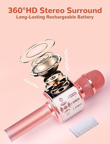 Amazmic Karaoke Microphone for Adults, Wireless Bluetooth Microphone for Singing Portable Karaoke Machine Handheld with LED Lights, Gift for Kids Adults Birthday Party, Home KTV(Rose Gold)