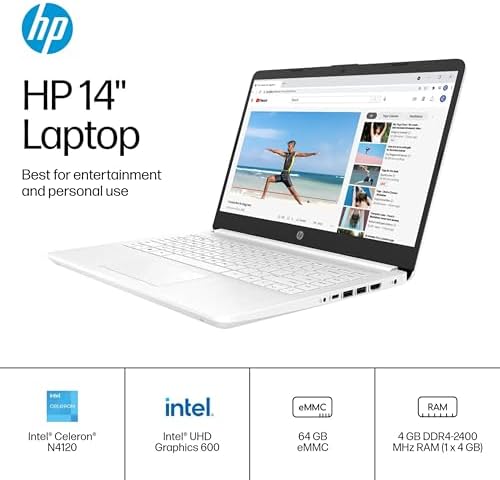 HP 14" Ultra Light Laptop for Student & Home (Intel Quad-Core N4120, 4GB RAM, 128GB(64GB + 64GB SD), 1-Year Office 365) 11-Hr Long Battery Life, Webcam, WiFi, Win 11 Home in S Mode - Snow White