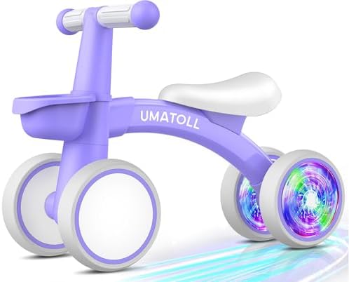 Umatoll Colorful Lighting Baby Balance Bike for 1 Year Old Boys Girls, 12-24 Months Toddler Bike with Basket, Adjustable Seat, First Birthday Gift (Purple)