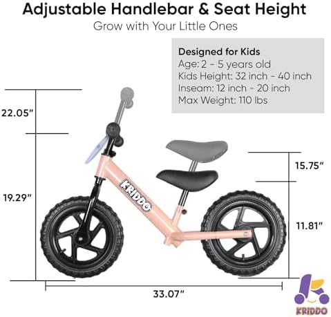 KRIDDO Toddler Balance Bike 2 Year Old, Age 24 Months to 5 Years Old, 12 Inch Push Bicycle with Customize Plate (3 Sets of Stickers Included), Steady Balancing, Gift Bike for 2-3 Boys Girls, Pink
