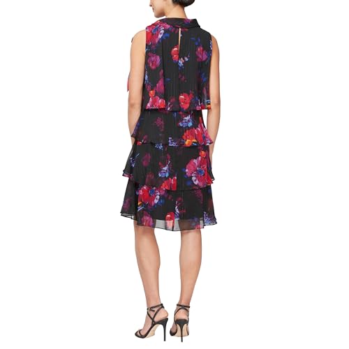 S.L. Fashions Women's Tiered Cocktail Party Dress, Wedding Guest Gown (Petite and Regular Sizes), BLK Multi