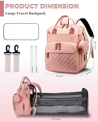Diaper Bag with Changing Station, Waterproof 3 in 1 Baby Diaper Backpack with Foldable Changing Pad, Large Travel Back Pack for Baby Girl Boy, Peach Pink