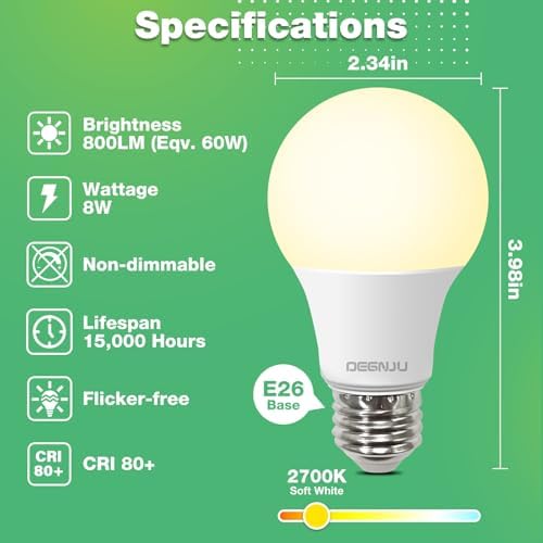 DEGNJU 24 Pack LED Light Bulbs Soft White 2700K, 60 Watt Equivalent LED Bulbs, A19 Standard Bulbs, 800 LM, 15000 Hours, E26 Base, Non-Dimmable, 8W White LED Bulbs for Bedroom Living Room