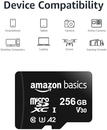 Amazon Basics Micro SDXC Memory Card with Full Size Adapter, A2, U3, Read Speed up to 100 MB/s, 256 GB, Black