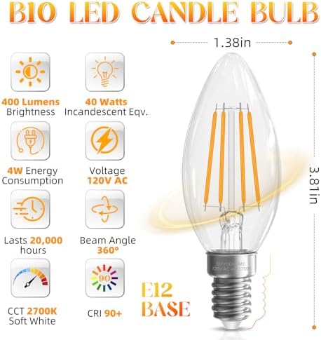 E12 Candelabra Bulb 40 watt Equivalent, E12 LED Bulb Non-Dimmable Chandelier Light Bulbs, B10 Candle Light Bulbs 2700K Soft White, 90+CRI, 400LM, Cear Glass, 12 Pack